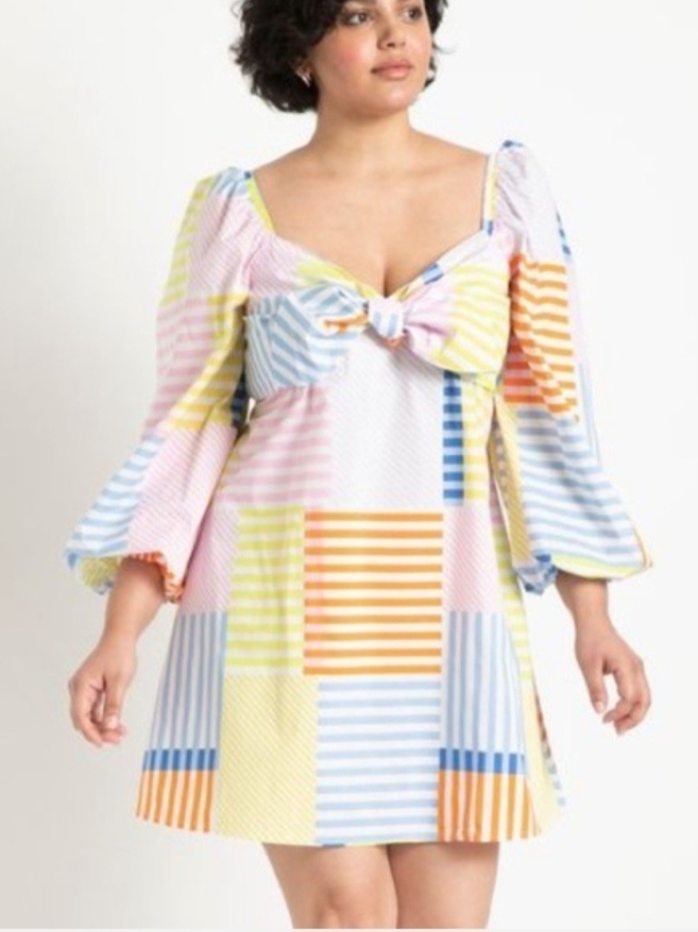 Eloquii Pastel Stripe Patchwork Tie Bodice Mini Dress - Multicolor